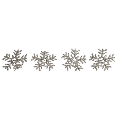 Storied Home 4-Piece Metal and Glass Beaded Snowflake Napkin Rings, Silver Finish