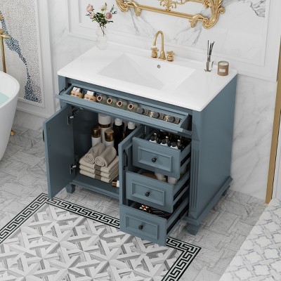 TIRAMISUBEST 36" Bathroom Vanity with Ceramic Sink, Freestanding Bathroom Vanity Cabinet with Flip-Out Drawer, 3 Drawers, 2 Soft-Close Doors