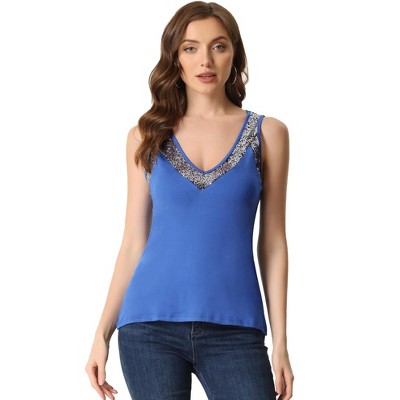 INSPIRE CHIC Women's V Neck Sleeveless Shirt Sequin Trim Colorblock Tank Shirt Top