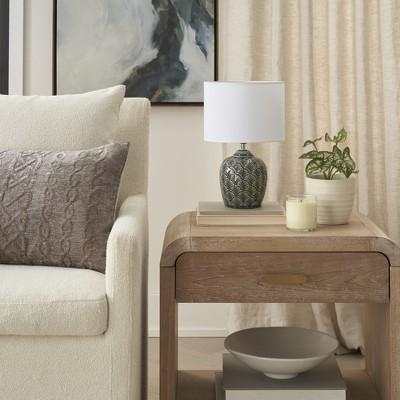 Nourison 13" Grey Carved Motif Ceramic Accent Table Lamp