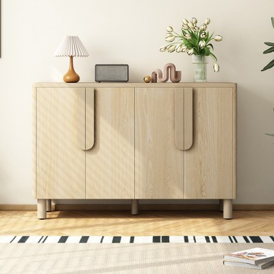 TiramisuBest 4-Door Navy Buffet Cabinet, Solid Wood Sideboard with Arc Handles & Adjustable Shelves for Dining Room & Living Room