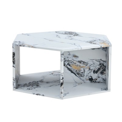 Syemin End Table, Hexagonal Accent Table with Compartments, Marble Effect, Suitable for Living Room, Lounge, White, 31.5"*27"*14"