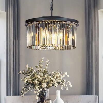 ALOADECOR 9-Lights Modern 20" Matte Black 2-Tier Round Fringe Crystal Chandelier