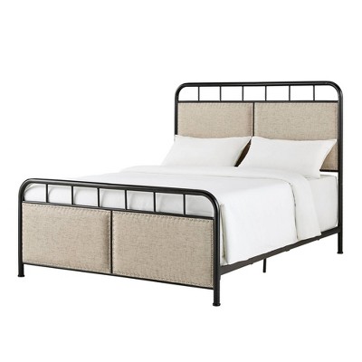 Queen Rathbone Nailhead Trim Upholstered Metal Bed Black/Oatmeal - Inspire Q: Vintage Charm, Retro Details