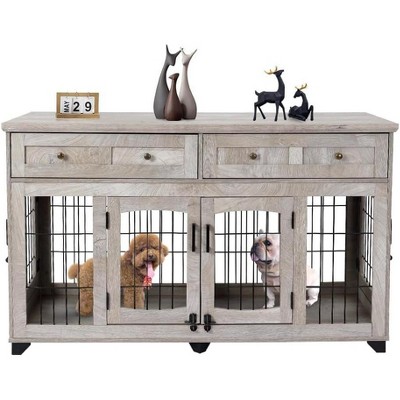 58" Large Dog Crate Furniture for 2 Dogs, Indoor Wooden Kennel Table with Storage Drawers, Decorative Pet Crate