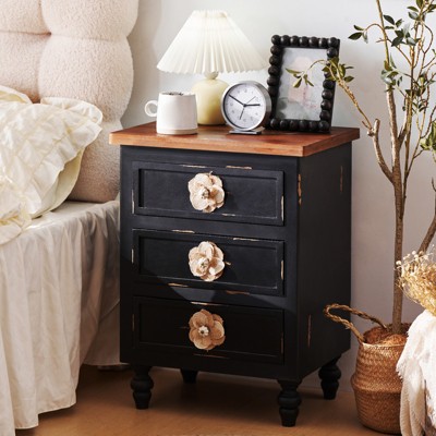 Modern Bedroom Nightstand With 3 Drawers, Wood Sofa Side Table, Accent Bedside Table for Small Space, Narrow End Table for Living Room Bedroom, Black