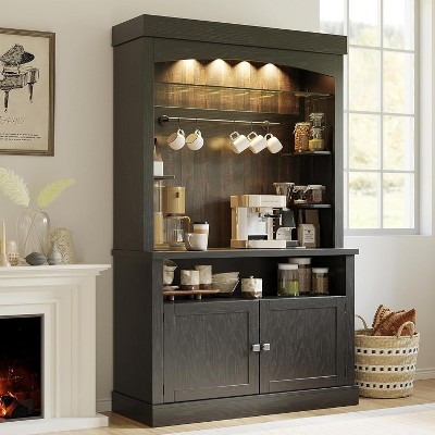 Coffee Bar Cabinet with LED Lights 72" Tall Buffet Cabinet with Storage Farmhouse Kitchen Sideboard Tall Coffee Hutch with Microwave Stand/Wine Rack