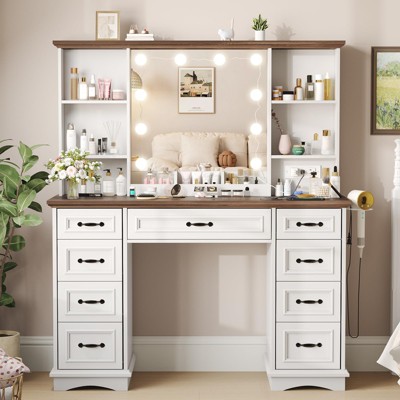 Vanity Desk with Mirror and Lights, Lots of Drawers and Shelves, 3 Adjustable Brightness, White