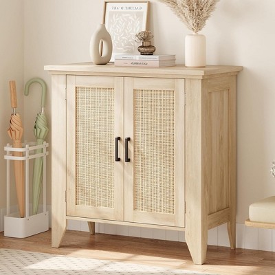 Buffet Cabinet, Rattan Sideboard, Small Storage Cabinet with Door and Shelf, Natural Wood Accent Cabinet for Living Room, Dining Room, Hallway