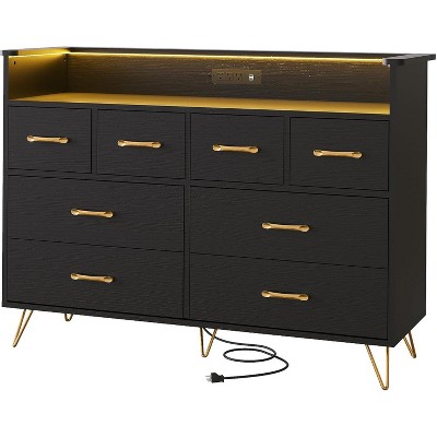 Jojoka 8 Drawer Dresser with LED Lights & Charging Station, Modern Wood Storage Cabinet with Open Shelf for Bedroom, Living Room, or Entryway