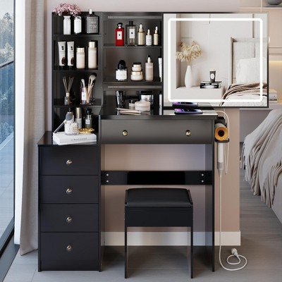 37" Middle Size Left Bedside Cabinet Vanity Table + Cushioned Stool Dresser Set, 2 AC+2 USB Socket, Hair Dryer Stand,Touch Control LED Sliding Mirror