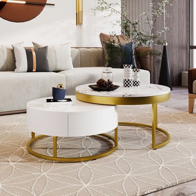 NicBex 31.5 Inch Round Coffee Table Simple Modern End Table with 2 Storage Drawers and Golden Legs for Living Room, Bedroom
