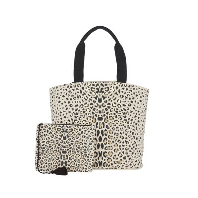 Mina Victory Handbag Leopard Print 22" x 15" x 6" Beach Bad with Matching Clutch Black Gold