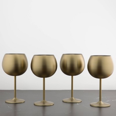 Cambridge Silversmiths Set of 4 18oz Stainless Steel Wine Glasses Gold: Gold Metal Wine Goblets, Dishwasher-Safe Drinkware