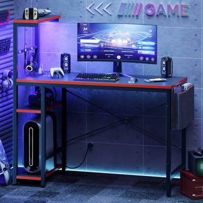Bestier 44” Gaming Desk with Power Outlets & USB Ports, LED PC Gamer Desk with 4-Tier Storage Shelves, Computer Office Desk for Small Spaces