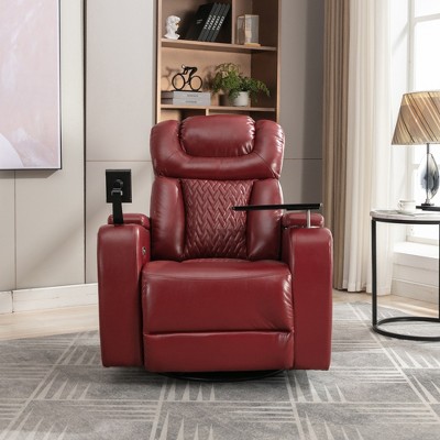 270° Swivel PU Leather Power Recliner with Tray Table, Phone Holder, USB Port & Rocking Function for Home Theater Comfort