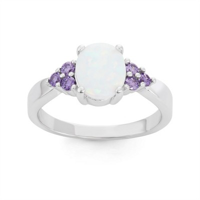 Opalata Sterling Silver Oval White Inlay Opal with Amethyst CZ Sides Ring - Available Sizes:  9 ,  8 ,  7 ,  6