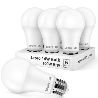 Lepro 100W Equivalent LED Light Bulbs, 14W 1500 Lumens Daylight White 5000K Non-Dimmable, A19 E26 Standard Base, 10000 Hour Lifetime, Pack of 6