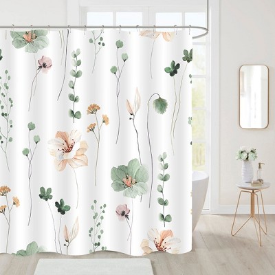 Aoibox Watercolor Floral Shower Curtain, Sage Green Beige Flower Bathroom Decor, Modern Minimalist White Waterproof Fabric Shower Curtain with Hooks