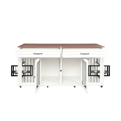 DSVIMOY Dog Cage, Furniture Style Cage with Double Door, Pet House Wooden Cage, Modern Dog House Furniture Room, White&Walnut, 70.8"*23.6"*33.5"