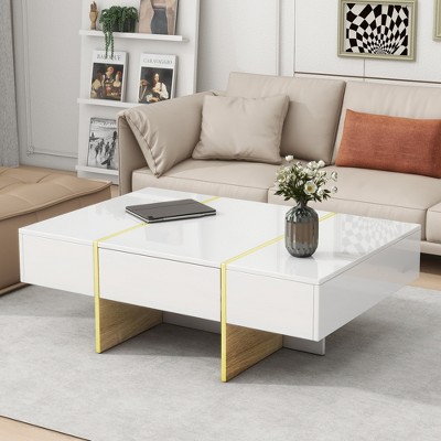 47.2''W High Gloss Coffee Table, Storage Cocktail Table Center Table with 2 Drawers for Living Room -ModernLuxe