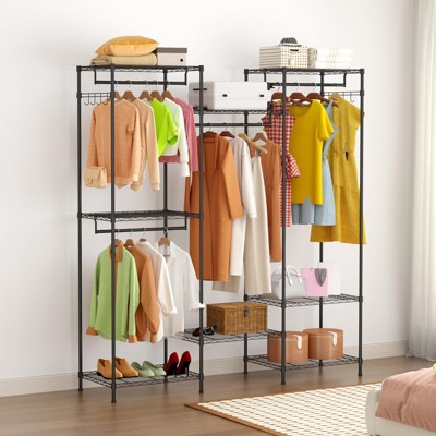 Heavy Duty Clothes Rack with 4 Rails, 8 Hooks & Adjustable Shelves, Freestanding Wardrobe Closet Organizer for Bedroom, Black