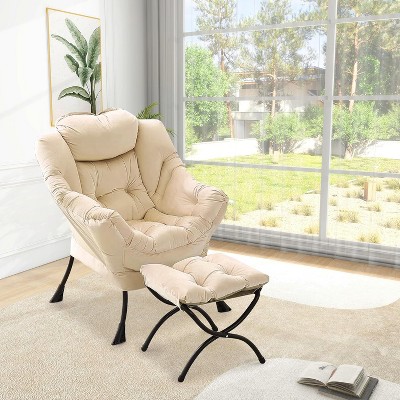 1/2 Set Lazy Chair with Ottoman, Modern Lounge Accent Chair, Leisure Sofa Armchair with Footrest, Reading Armchair with Side Pocket