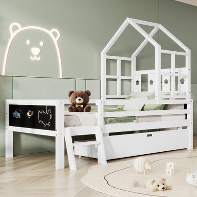 APRILSOUL White Twin Size House Bed with Ladder and Storage Drawers for Kid Bedroom, Solid Wood Platfrom Bedframe with 2 Blackboard Design