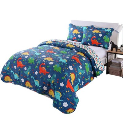 Marcielo 100% Cotton Kids Quilt Bedspread Dinosaur KL1804 Blue Full