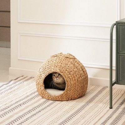 18" x 18" x 18" Gertrude Water Hyacinth Woven Wicker Round Cat Bed Cave with Handles for Any Size Cat Breeds, Chihuahua and Use with Cat Tower
