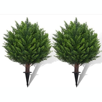 18" High Set of 2 Artificial Cedar Topiary Ball Trees, UV Resistant Outdoor Fake Plants with Ground Spike, Faux Evergreen Bushes for Indoor Outdoor