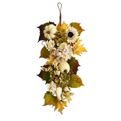 Nearly Natural 33” Fall Sunflower, Hydrangea and White Pumpkin Artificial Autumn Teardrop