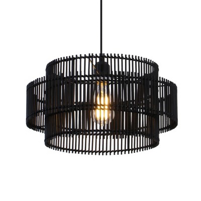 16" Boho Pendant Light with Double-Layer Natural Bamboo Shade, Handwoven Style with White Canopy for Dining, Bedroom, Living Room, or Vacation Rental