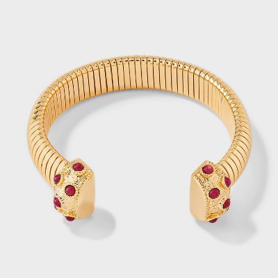 Ribbed Open Cuff Bracelet with Burgundy Stones - A New Day™ Red/Gold
