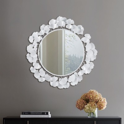 Grungis Round Wall Mirror for Bathroom,Gingko Leaf Round Wall Mirror with Keyhole Hanging Fixture for Living Room Bedroom