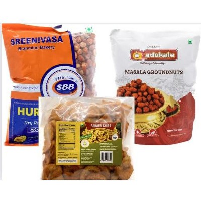 SBB, ADK & GSS Traditional Spicy Trio Snack Combo - Hurigalu, Masala Groundnuts & Banana Chips = 3 Variety Pack