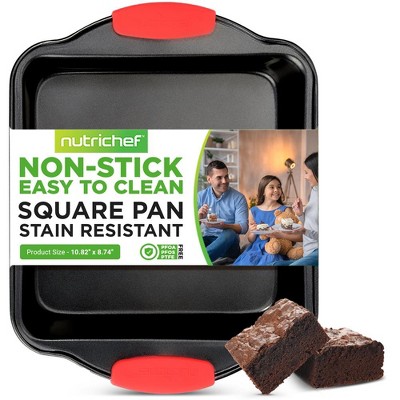 NutriChef Non-Stick Square Pan - Deluxe Nonstick Gray Coating Inside and Outside with Red Silicone Handles