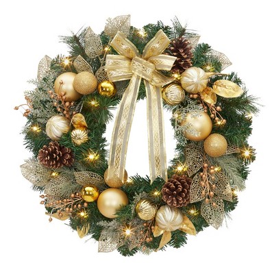 Christmas Wreath, Pre-Lit Xmas Wreath for Front Door with Gold Bowknot, Artificial Holiday Accent with Ball Ornaments, Ribbons, Pine Cones