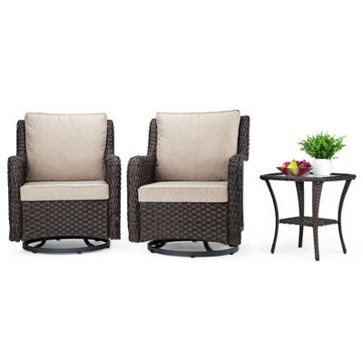 Outdoor Swivel Rocker Patio Chairs Set of 2 with Matching Side Table – 3-Piece High-Density Wicker Bistro Set with Premium Apricot Fabric Cushions