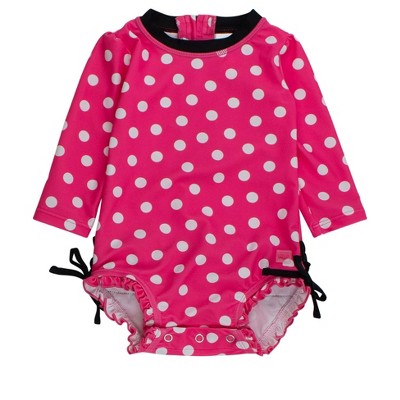 RuffleButts Baby Girls Polka Dot Long Sleeve UPF50+ One Piece Rash Guard