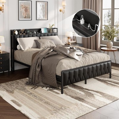 Bed Frame with Charging Station, Platform Bed Frame with Storage Faux Leather Button Headboard & Footboard, Noise-Free, No Box Spring Needed