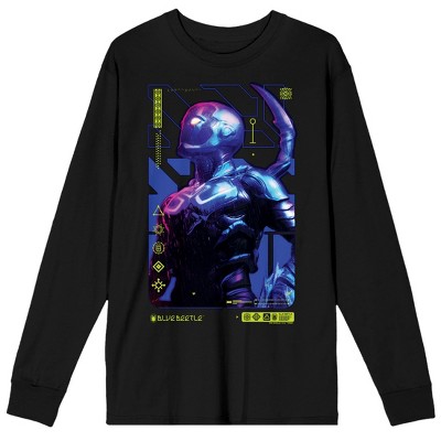Blue Beetle Superhero Pose Crew Neck Long Sleeve Black Adult Tee