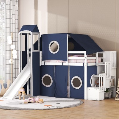 Twin Size Loft Bed with Tent and Tower