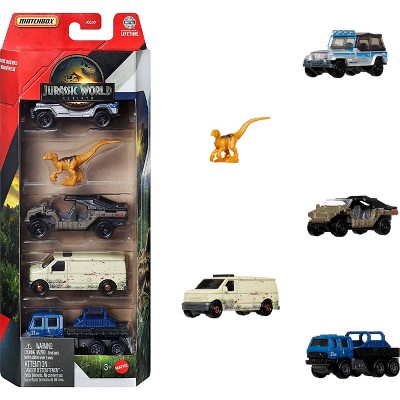 Matchbox Jurassic World Rebirth 5pk 1:64 Scale Die-Cast Toy Cars with 1 Dinosaur (Styles May Vary)