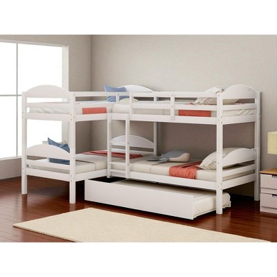 Twin Over Twin L-Shaped Bunk Bed with Trundle, Solid Pine Wood Frame, Convertible Design, No Box Spring Needed