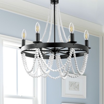 DORESshop 35.4 in. Matte Black Modern Chandelier 6-Light E12 Socket Beaded Wood Accent Fixture for Dining Room Kitchen Bedroom
