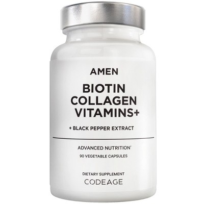 Amen Biotin Collagen Peptides, Vitamins C & E, Folate, Keratin, Hyaluronic Acid, Hair & Skin, 90 ct
