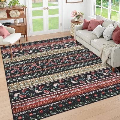 Coucheta Area Rug Low Pile Non-Slip, Modern Floral Boho Accent Carpet Fade-Resistant for Living Room Bedroom Nursery,Multi-Color & Size