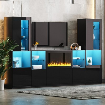 111" TV Stand with 34.2" Electric Fireplace, LED Lights, Sideboard Cabinet with Tempered Glass Shelves and App-Controlled Lighting