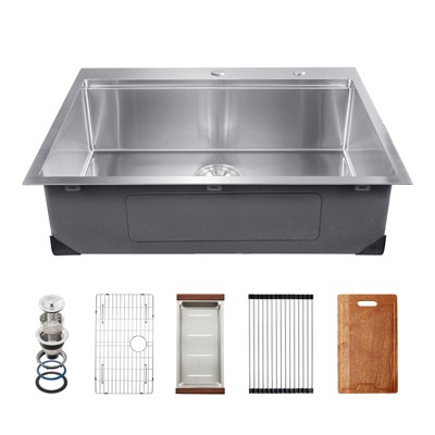 VEVOR 30 inch Kitchen Sink Workstation, 304 Stainless Steel Top Mount Sinks, Drop-In Single Bowl Farmhouse Basin with Ledge, Silver